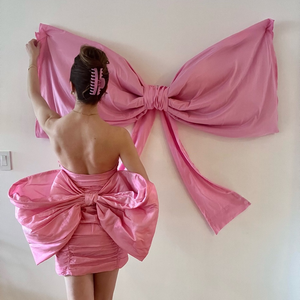 Pink Satin Ruched Dress with Bow back